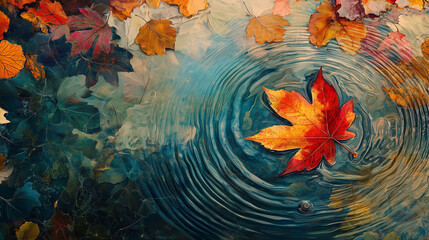 Jesienny liść w ciepłych kolorach dryfuje na spokojnej wodzie wśród delikatnych fal.