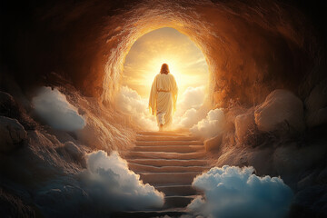 Jesus Christ Easter Resurrection,  Silhouette of Jesus in Light Rays from Sky Leaving Empty Tomb