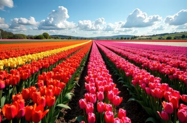 Vibrant Tulip Fields in Full Bloom - Multicolored Rows on a Commercial Flower Plantation