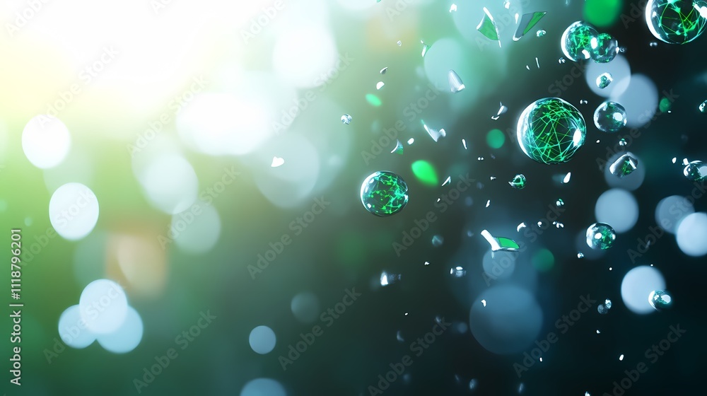 Poster abstract green spheres and particles floating in bokeh background.