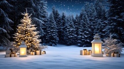Lanterns illuminate white figures in uniform while decorated gifts lie under snow-covered pine trees, creating a warm festive atmosphere