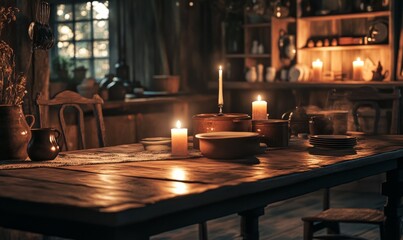 Candlelit rustic kitchen table with warm tones, an arrangement of old-fashioned cookware and cozy ambiance