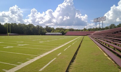 Obraz premium A high school football field with pristine grass, empty bleachers, and stadium lights on, showcasing the quiet scene before the game.