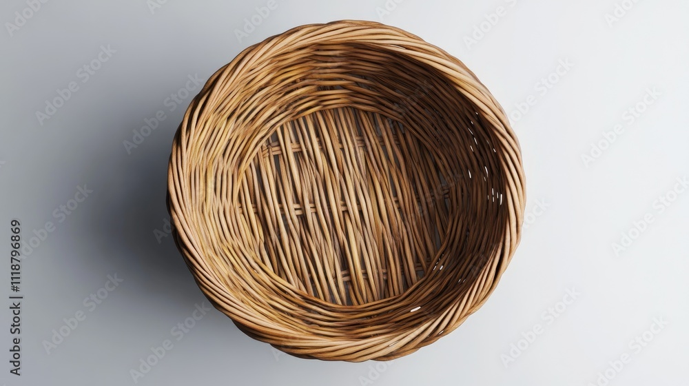 Poster empty woven basket with intricate wicker pattern on a neutral background.