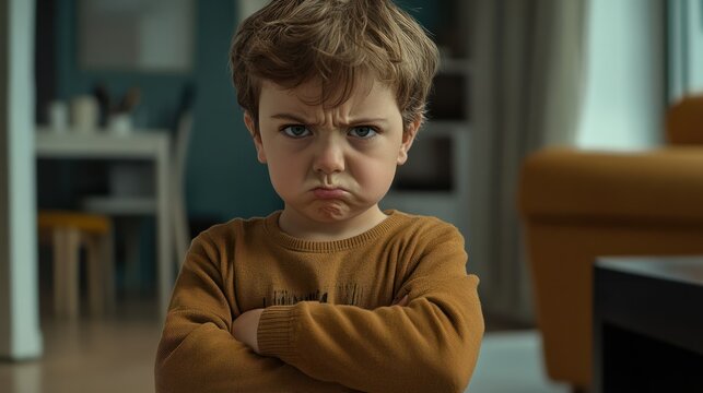 Mad male kid, angry little boy standing with his arms crossed, and looking at the camera with upset face expression. Unhappy toddler, studio shot, annoyed and frustrated child emotion