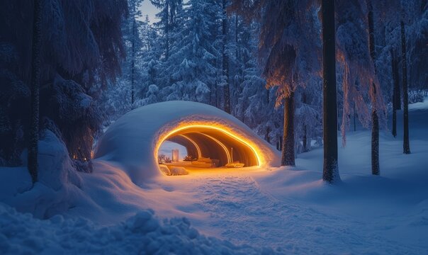 A modern snow fort glowing with LED accents in a futuristic snowy forest during twilight,