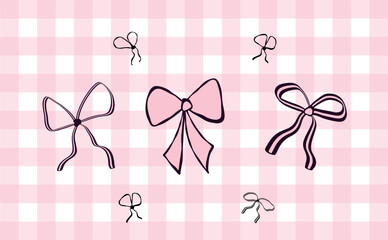 Cute pink flirtatious coquette aesthetic ribbon bow collection on the checkered pink white background. Isolated girly vintage elements. Vector illustration. Trendy girls hairstyle accessories