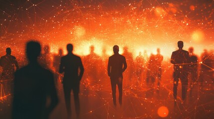 Network background concept with business people silhouette. Double exposure and network effects