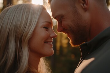 Fototapeta premium A couple is kissing each other's noses in a forest