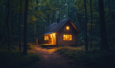 Cozy wooden cabin surrounded by forest at night, illuminated with soft glowing lights, peaceful and tranquil vibe
