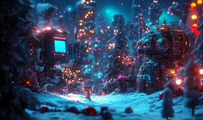 A robotic elf workshop producing high-tech toys in a glowing snowy setting, vibrant energy all around,