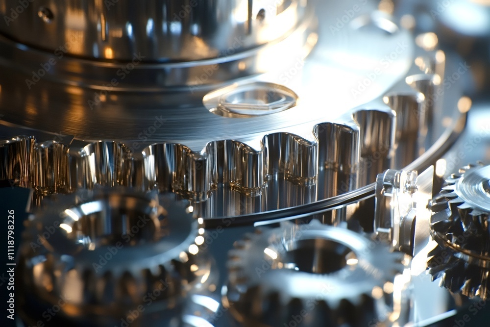 Poster polished metal gears interlock and rotate, showcasing precision engineering and industrial mechanics