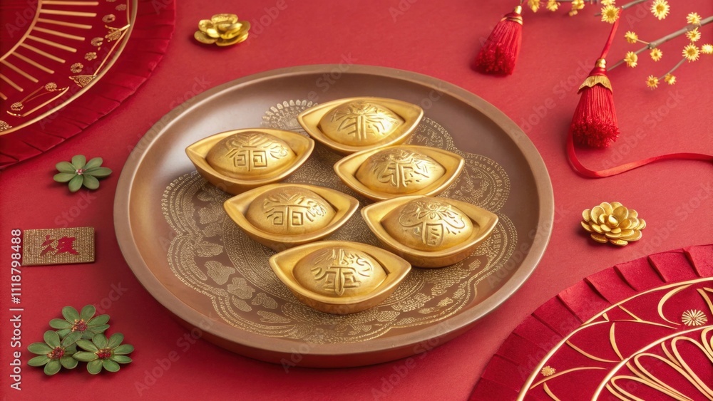 Poster an extravagant round plate showcases gleaming dumplings designed as gold ingots each delicately craf