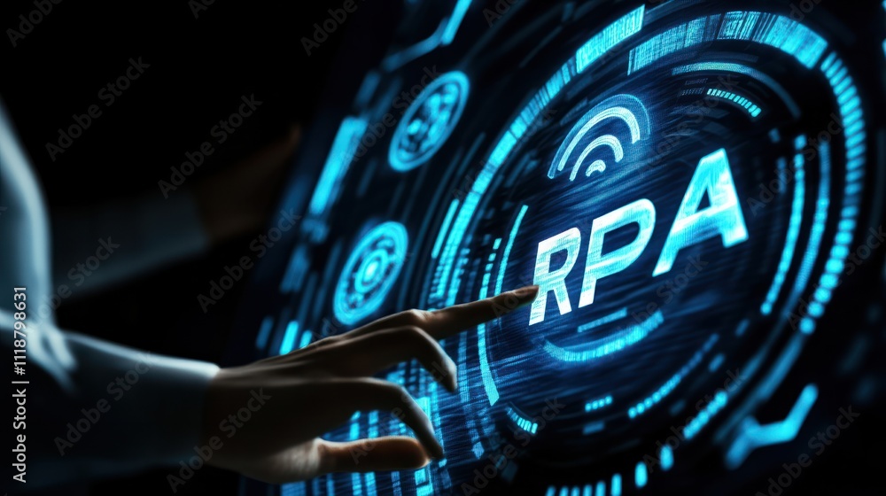Poster rpa concept. businessman interacts with a virtual interface displaying rpa icons, representing robot