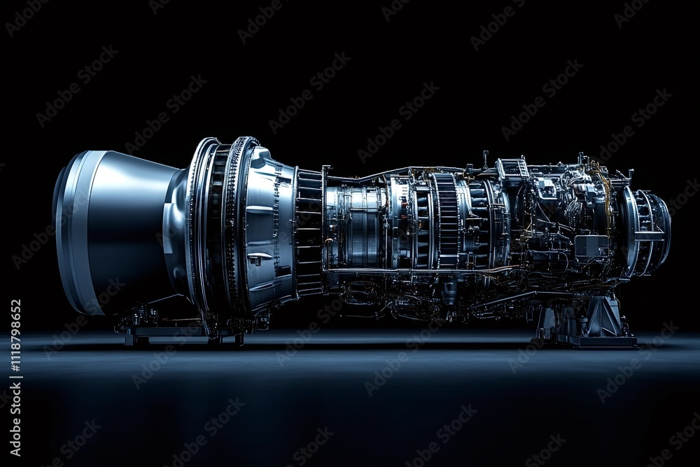 Poster turbofan jet engine with visible internal components resting on a stand illuminated by dramatic ligh
