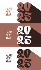 Happy New Year. Color of 2025 year. Brown letters with long shadow on chocolate and white. Set of vector poster. Greeting card. Merry Christmas. Numbers 2, 0, 5. Social media template. Winter holiday	