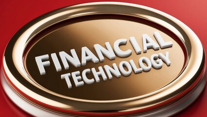 Glossy gold button with financial technology text on red background