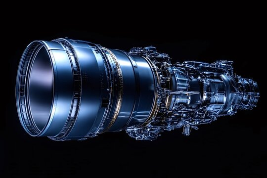 Turbofan engine showcasing intricate internal components, highlighting advanced technology, power, and engineering in the aerospace industry against a dark backdrop