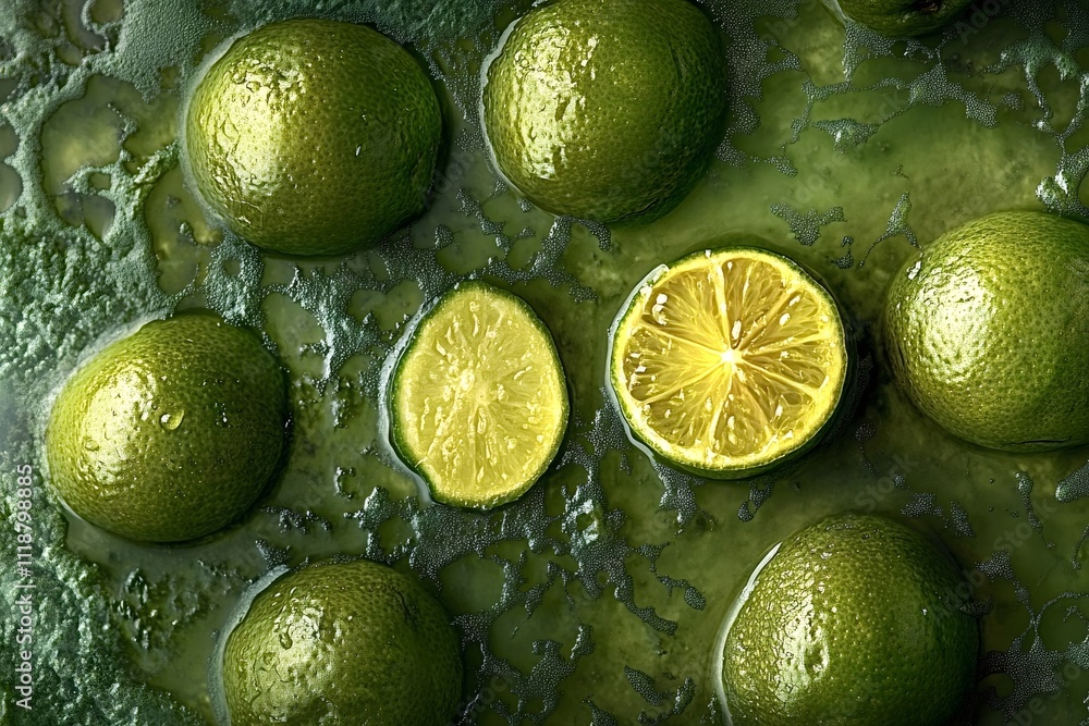 Poster whole and halved limes float in a viscous green liquid, creating a vibrant and textured scene that e