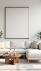 Scandinavian and Japandi living room interior design with beige corner sofa, wooden coffee table, green plants, glass decor, neutral tones, cozy minimalist ambiance, natural light, and contemporary so