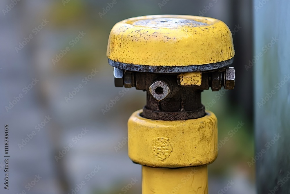 Poster close-up of a yellow gas pipe with a protective cap, showing signs of rust and weathering, emphasizi