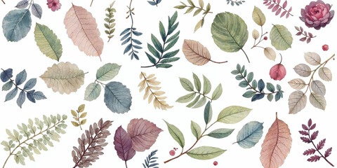 Watercolor illustration of leaves seamless pattern on white background