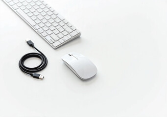 Neatly Coiled USB Cable with Wireless Mouse and Keyboard on Clean White Surface