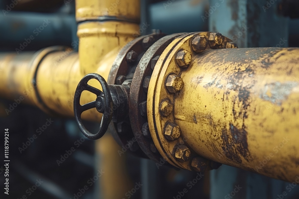 Poster close-up of a weathered yellow gas pipeline section with a prominent shut-off valve, emphasizing the