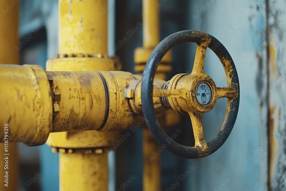 Poster close-up of a weathered, yellow gas pipeline valve with a circular handle, controlling the flow with
