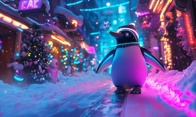 A sleek robotic penguin delivering gifts in a snowy neon-lit winter wonderland, futuristic decor all around,