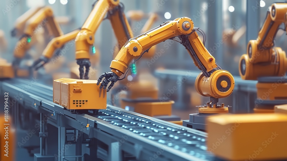 Poster a factory production line with ai-driven robots collaborating with human workers.