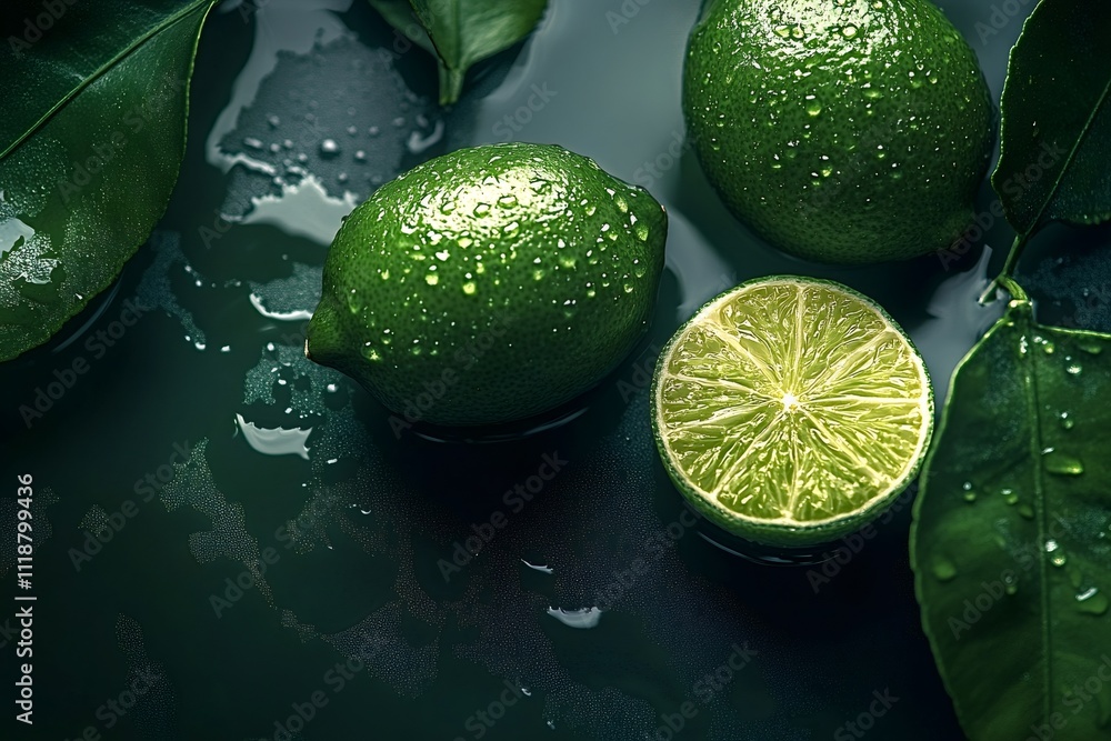 Poster fresh limes with leaves and water droplets create a vibrant and refreshing scene on a dark backgroun