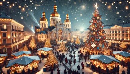Obraz premium Christmas market in kyiv's sofiiska square with falling snow at night