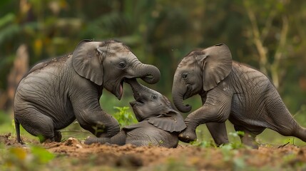 An adorable elephant calf playing with its siblings in a lush, vibrant plain, showcasing their playful nature and strong family bonds as they frolic together in the wild