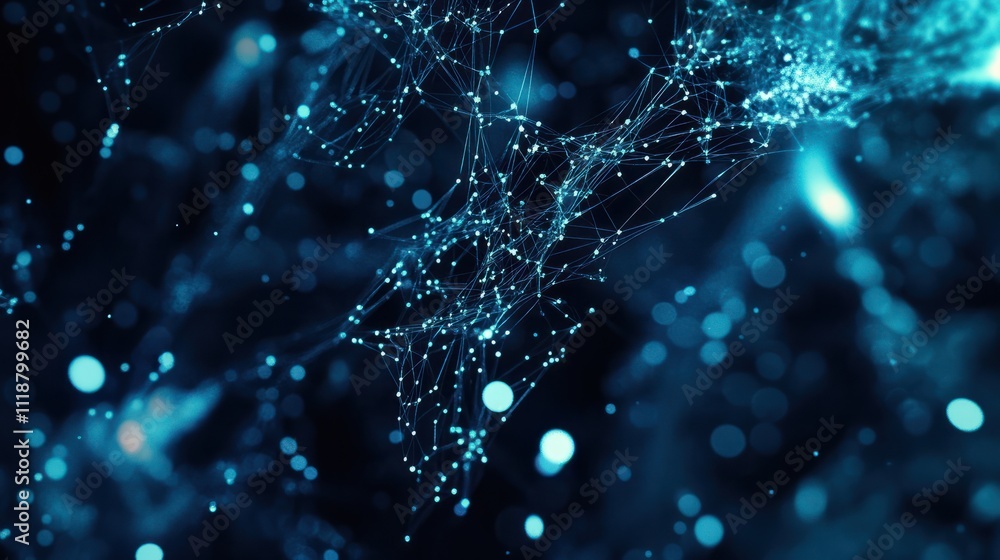 Poster the image showcases an abstract background featuring glowing blue lines and a network of interconnec