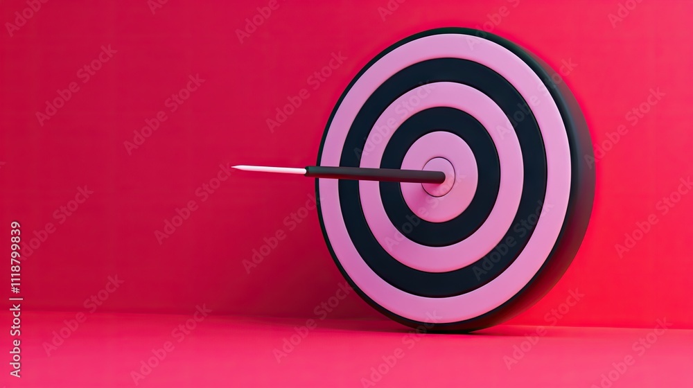 Poster a close-up of a dartboard with a dart perfectly centered, set against a vibrant pink backdrop.