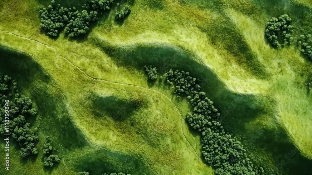 Poster top aerial panoramic view of green fields and meadows in summer. abstract landscape with lines of fi