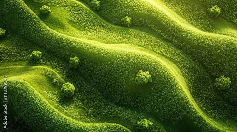 Poster top aerial view of green fields and meadows in summer. abstract landscape with lines of fields, gras