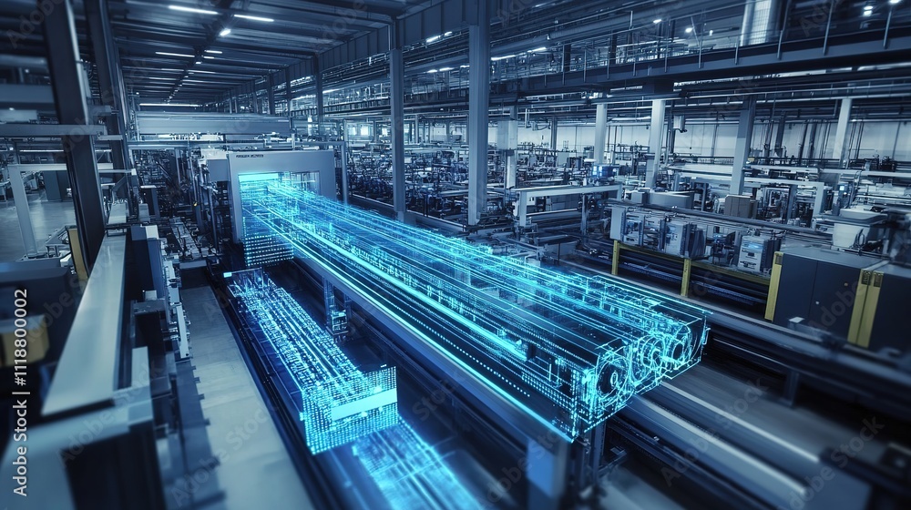 Poster a factory utilizing digital twin technology to virtually test machinery before production.