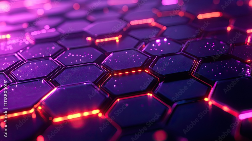 Poster abstract close-up of illuminated hexagonal patterns in vibrant purple and pink hues, creating a futu