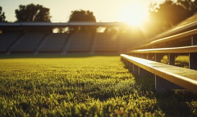 Empty outdoor sports stadium during sunset, golden light shining over green grass and rows of bleachers, calm and nostalgic atmosphere
