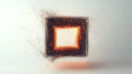 A mesmerizing abstract design featuring a glowing square frame made of vibrant particles and light trails.