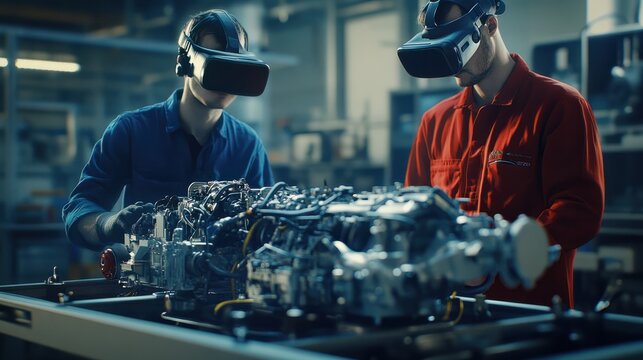 Two service manager engineers use virtual reality technology to diagnose an eco-friendly car engine with an augmented reality interface and 3D engine visualization - Powered by Adobe