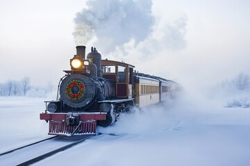 Vintage steam train in snowy landscape, Christmas wreath on front
