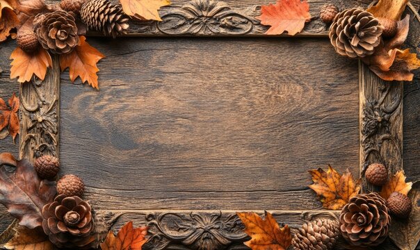autumn-themed wooden frame decorated with pinecones and acorns warm rustic background hyper-realistic