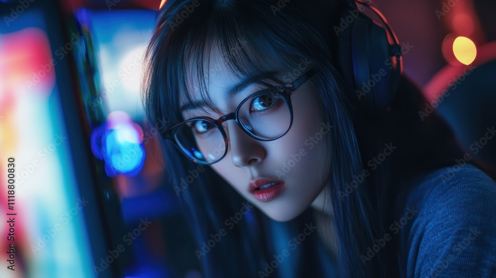Poster young asia female freelance eyeglasses typing write prompt ai bot it app smart program nomad, video 