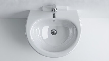 Fototapeta premium Modern sleek white washbasin with a chrome faucet, set against a minimalist backdrop.