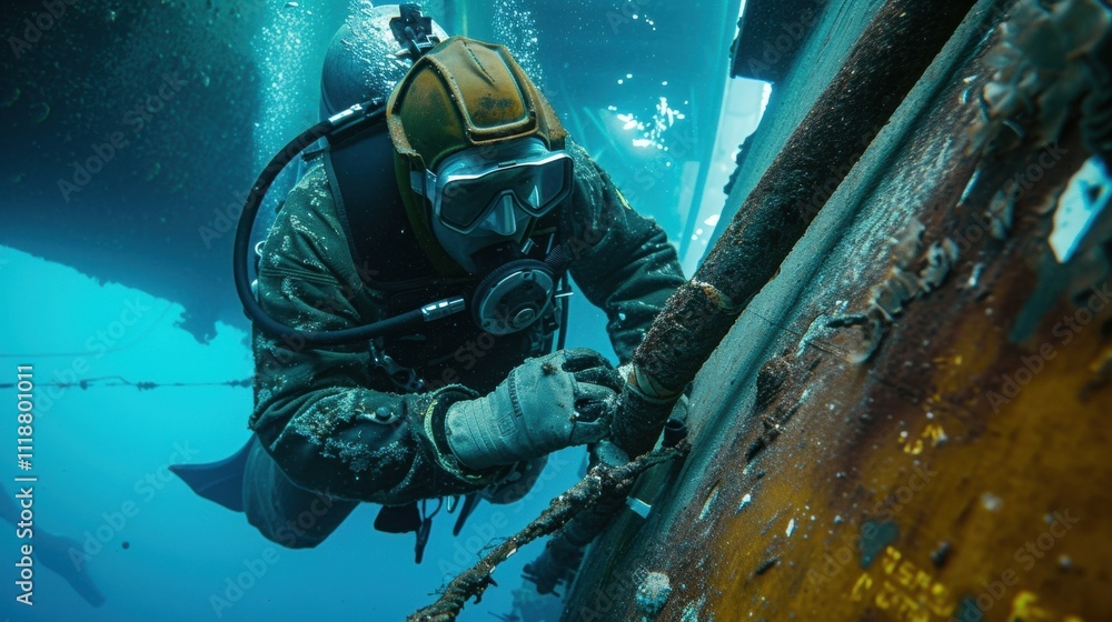 Poster a diver uses a specialized tool to fix a leaking pipe on the underside of a ship demonstrating the a