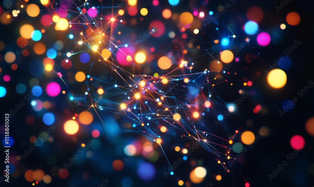 Poster glowing neural network brain with colorful light connections on a black background, futuristic ai an