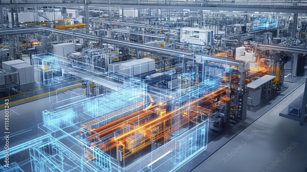 Aufkleber digital twin software creating a detailed replica of machinery systems in a smart factory.